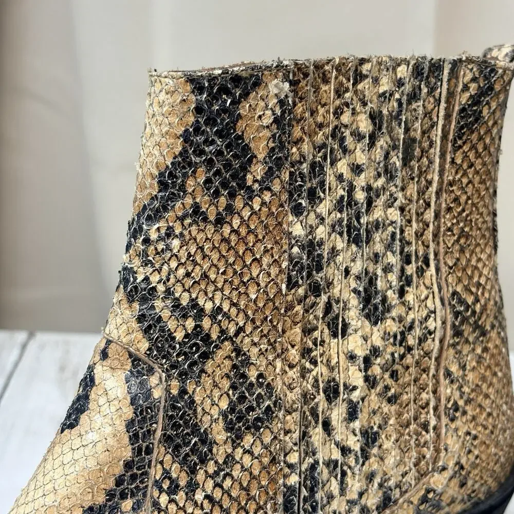 Flattered Snakeskin Boots Tan Black Python Western Ankle Booties EU 38 US 7.5